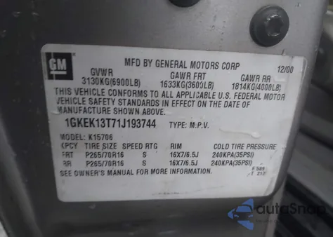 2001 GMC Yukon Slt из США, поврежденный, VIN 1GKEK13T71J193744